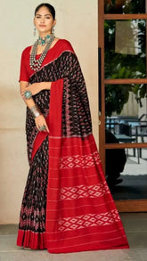 Black and Red Ikat Mulmul Handloom Summer Cotton Saree