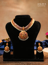 Aalaya Antique Temple Choker Necklace Set with Lakshmi Pendant & Pearl Fringe