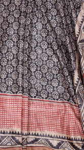 Black and Geometric Pattern Pallu Ajrakh Semi Tussar Silk Saree