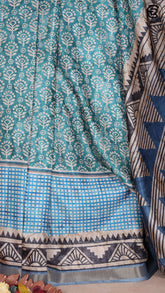 Teal Blue and Geometric Pattern Pallu Ajrakh Semi Tussar Silk Saree