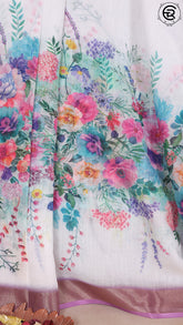 White and Pink Floral Linen Cotton Saree