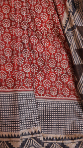 Bright Red and Geometric Pattern Pallu Ajrakh Semi Tussar Silk Saree