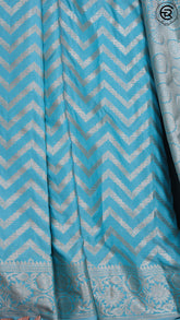 Sea Blue Zari Zigzag Mashru Katan Banarasi Silk Saree