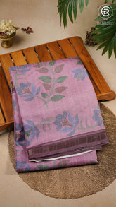 Peach Pink Burgundy & Blue Floral Printed Tussar Silk Saree