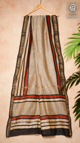 Beige & Maroon Geometric Handblocked Pure Maheshwari Silk Cotton Saree