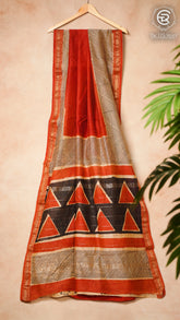 Red Black & Beige Handblock Maheshwari Silk Cotton Saree