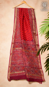 Red Maroon Handblocked Maheshwari Silk Cotton Saree