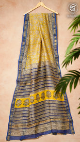 Yellow & Blue Handblock Maheshwari Silk Cotton Saree