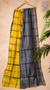 Yellow & Navy Blue Handblocked Maheshwari Silk Cotton Saree