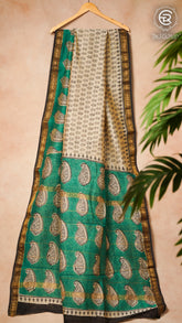 White & Green Handblock Maheshwari Silk Cotton Saree