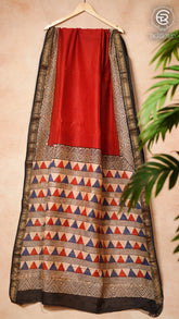 Red Beige & Black Handblocked Maheshwari Silk Cotton Saree
