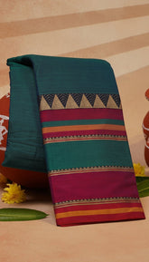 Peacock Green and Red Heavy Border Narayanpet Handloom Cotton Saree