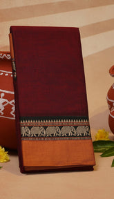 Maroon and Bronze Elephant Border Narayanpet Handloom Cotton Saree