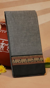 Grey and Black Elephant Border Narayanpet Handloom Cotton Saree