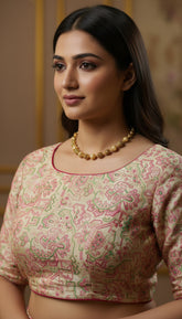 Pink & Beige Geometric Designer Silk Blouse