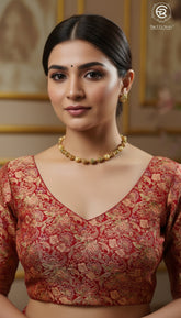 Red & Golden Green Floral Designer Silk Blouse