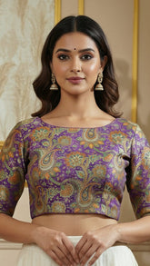 Purple & Multicoloured Mango Floral Designer Silk Blouse