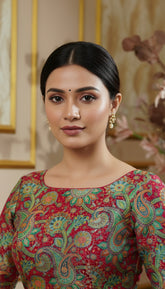 Dark Pink & Multicoloured Mango Floral Designer Silk Blouse