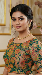 Green & Multicoloured Mango Floral Designer Silk Blouse