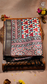 Beige Red and Blue Triangle Tussar Silk Saree