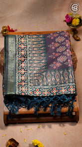 Purple & Green Printed Tussar Silk Saree