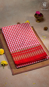 Red and White Checkered Handloom Narayanpet Silk Cotton Saree