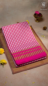 Dark Pink and White Checkered Handloom Narayanpet Silk Cotton Saree