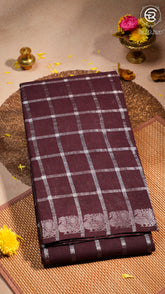 Brown Silver Checkered Peacock Sungadi Pure Cotton Saree