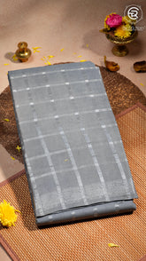 Grey Silver Checkered Peacock Sungadi Pure Cotton Saree