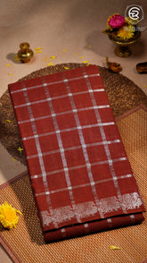 Maroon Silver Checkered Peacock Sungadi Pure Cotton Saree
