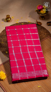 Pink Silver Checkered Peacock Sungadi Pure Cotton Saree