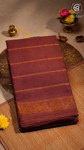Brown Line Patterned Peacock Sungadi Pure Cotton Saree