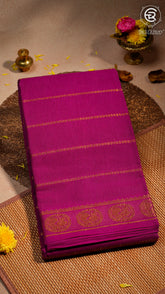Dark Violet Line Patterned Peacock Sungadi Pure Cotton Saree