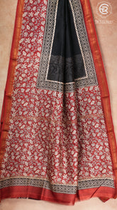 Black & Red Floral Handblocked Pure Maheshwari Cotton Sarees