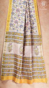 Beige & Yellow Floral Handblocked Pure Maheshwari Cotton Sarees