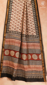 Beige & Maroon Floral Handblocked Pure Maheshwari Cotton Sarees