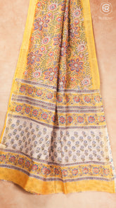 Yellow & Blue Floral Handblocked Pure Maheshwari Cotton Sarees