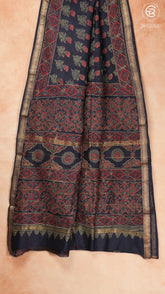 Blue Ajrakh Floral Handblocked Pure Maheshwari Cotton Sarees