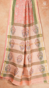 Pink & Green Floral Handblocked Pure Maheshwari Cotton Sarees