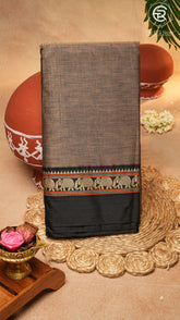 Mauve Brown Line Patterned Temple Border Handloom Narayanpet Cotton Saree
