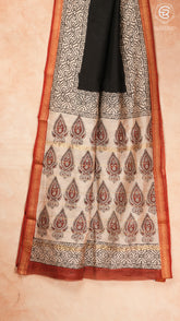 Black & Beige Cone Pattern Handblocked Pure Maheshwari Cotton Sarees