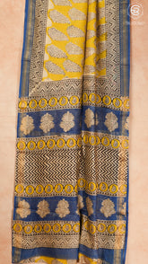 Yellow & Blue Floral Handblocked Pure Maheshwari Cotton Sarees