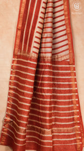 White & Red Line Patterned Handblocked Pure Maheshwari Cotton Sarees