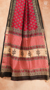 Ruby Pink & Beige Handblocked Pure Maheshwari Cotton Sarees