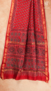 Red Lotus Floral Handblocked Pure Maheshwari Cotton Sarees