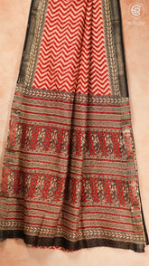 White & Red ZigZag Handblocked Pure Maheshwari Cotton Sarees