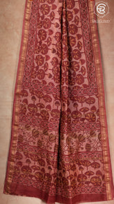Beige & Maroon Lotus Leaf Handblocked Pure Maheshwari Cotton Sarees