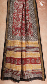 Red & Yellow Floral Handblocked Pure Maheshwari Cotton Sarees
