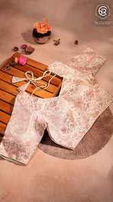 Off-white, Pink and Gold Floral Designer Silk Blouse