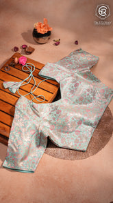 Teal Blue, Pink and Gold Floral Designer Silk Blouse